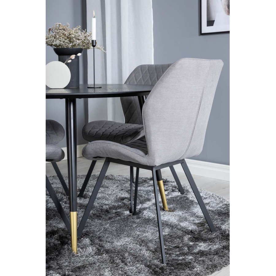 VENTURE DESIGN Dipp spisebordsett, m. 4 stoler - sort finér/messing sort metall, grtt stoff/svart metall