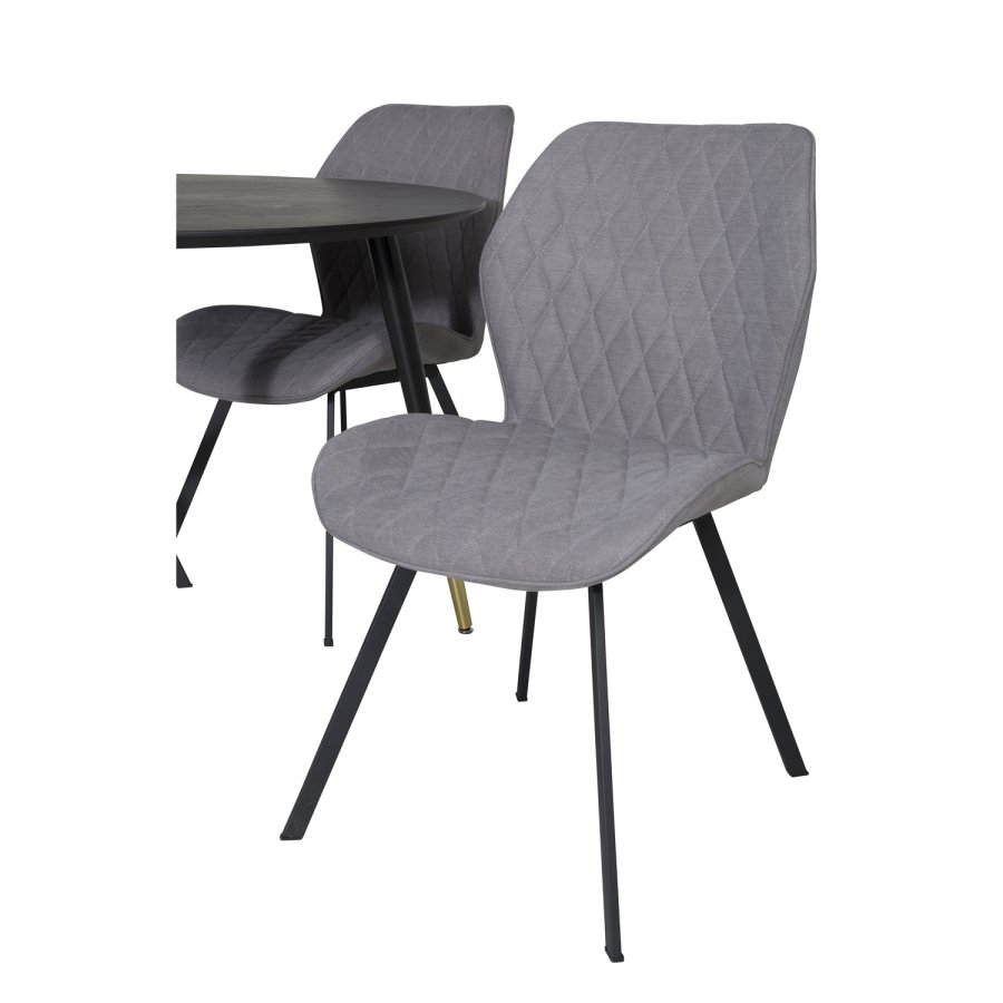 VENTURE DESIGN Dipp spisebordsett, m. 4 stoler - sort finér/messing sort metall, grtt stoff/svart metall