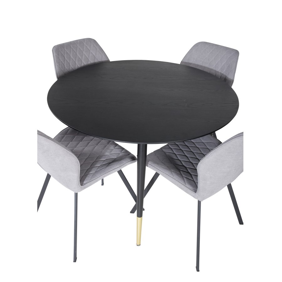 VENTURE DESIGN Dipp spisebordsett, m. 4 stoler - sort finér/messing sort metall, grtt stoff/svart metall
