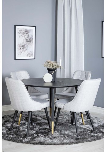 VENTURE DESIGN Dipp Esstisch-Set, mit 4 Stühlen – schwarzes Furnier/Messing, schwarzes Metall, grauer Stoff/schwarzes Metall