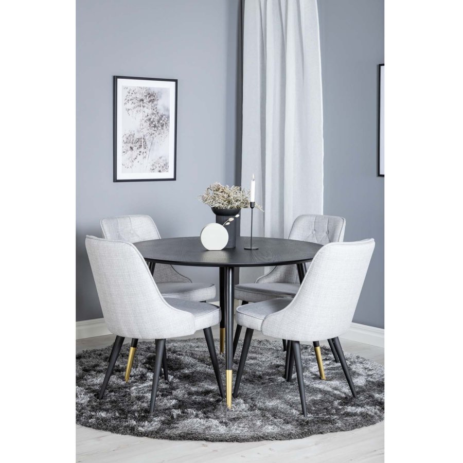 VENTURE DESIGN Dipp Esstisch-Set, mit 4 Stühlen – schwarzes Furnier/Messing, schwarzes Metall, grauer Stoff/schwarzes Metall