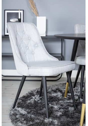 VENTURE DESIGN Dipp Esstisch-Set, mit 4 Stühlen – schwarzes Furnier/Messing, schwarzes Metall, grauer Stoff/schwarzes Metall