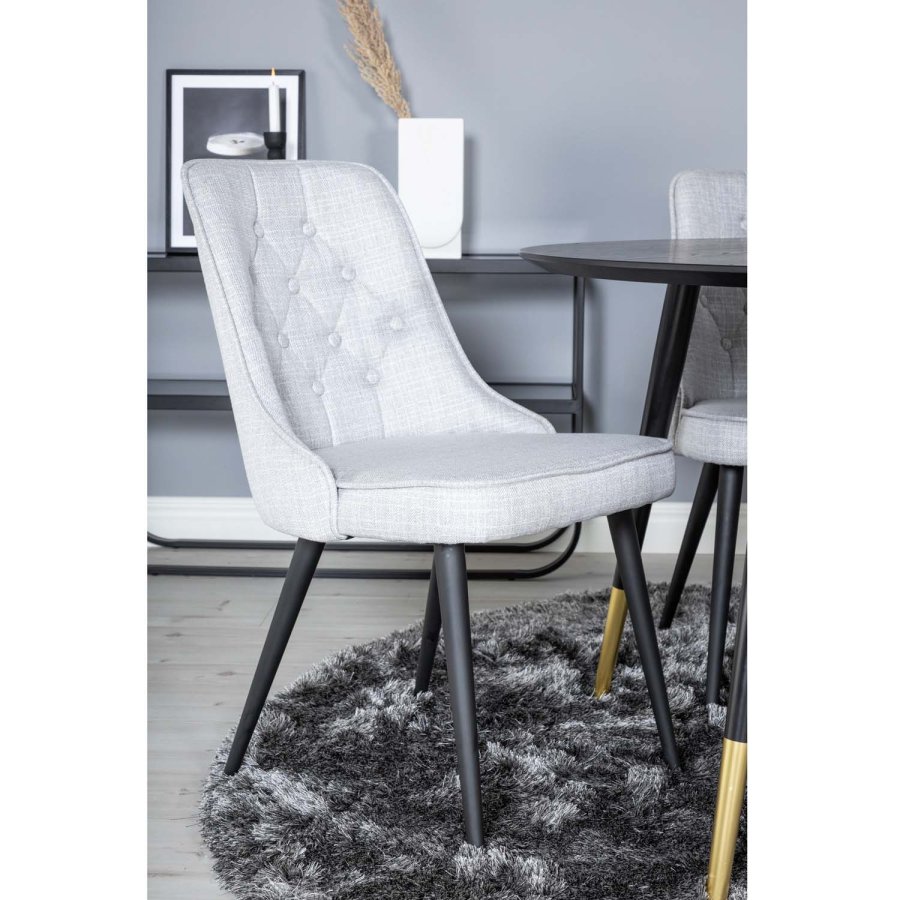 VENTURE DESIGN Dipp Esstisch-Set, mit 4 Stühlen – schwarzes Furnier/Messing, schwarzes Metall, grauer Stoff/schwarzes Metall