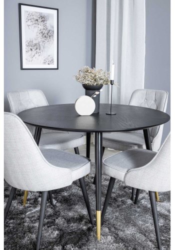 VENTURE DESIGN Dipp Esstisch-Set, mit 4 Stühlen – schwarzes Furnier/Messing, schwarzes Metall, grauer Stoff/schwarzes Metall