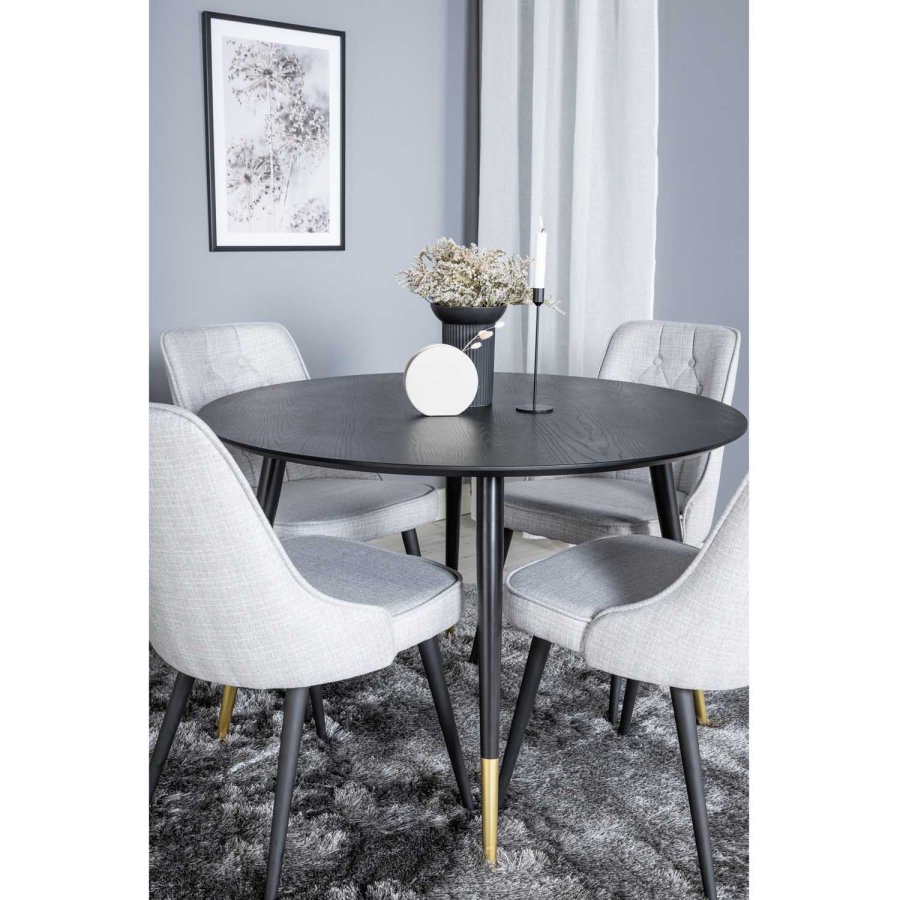 VENTURE DESIGN Dipp Esstisch-Set, mit 4 Stühlen – schwarzes Furnier/Messing, schwarzes Metall, grauer Stoff/schwarzes Metall