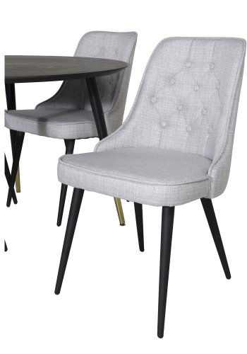 VENTURE DESIGN Dipp Esstisch-Set, mit 4 Stühlen – schwarzes Furnier/Messing, schwarzes Metall, grauer Stoff/schwarzes Metall