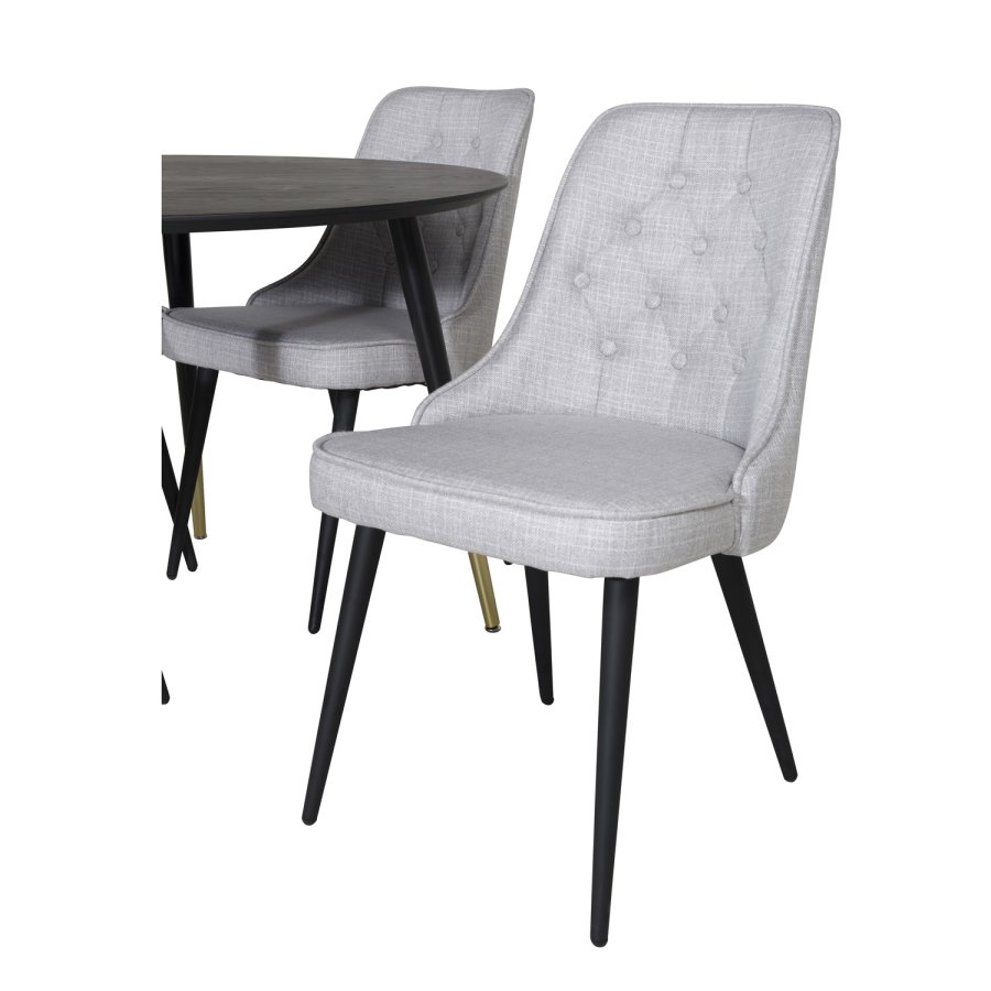 VENTURE DESIGN Dipp Esstisch-Set, mit 4 Stühlen – schwarzes Furnier/Messing, schwarzes Metall, grauer Stoff/schwarzes Metall