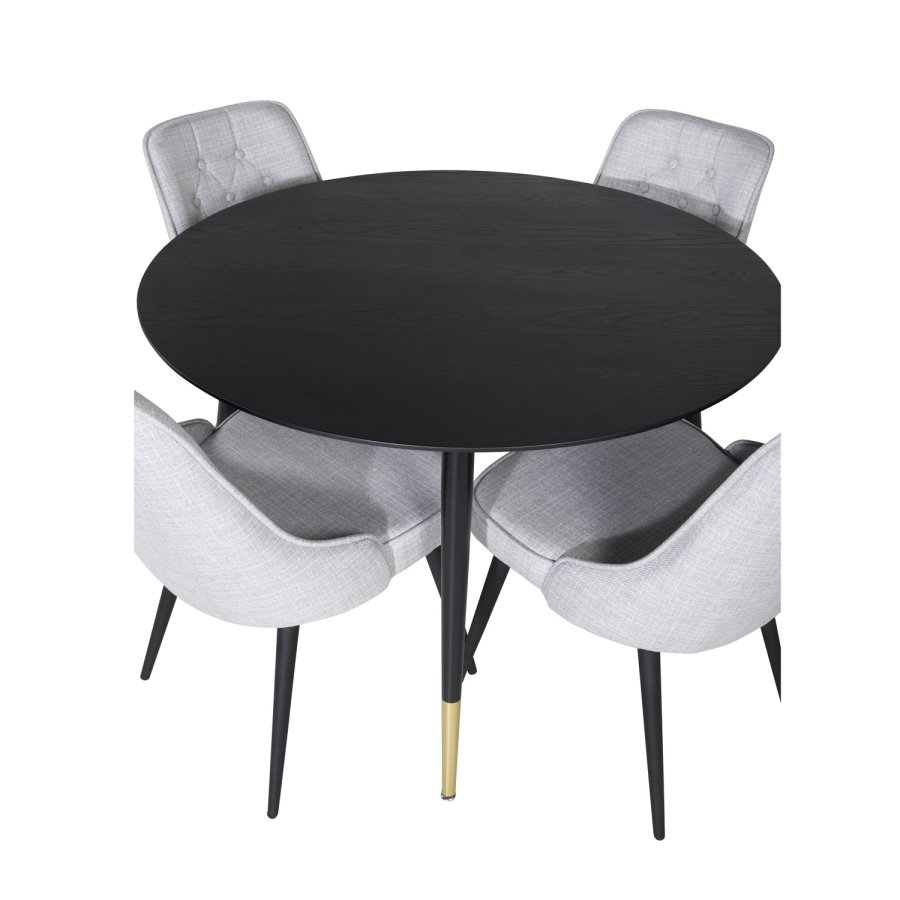 VENTURE DESIGN Dipp Esstisch-Set, mit 4 Stühlen – schwarzes Furnier/Messing, schwarzes Metall, grauer Stoff/schwarzes Metall