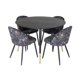 VENTURE DESIGN Dipp Matbordsset, med 4 Stolar - Svart Fanér / Mässing / Svart Metall, Multityg / Svart Metall