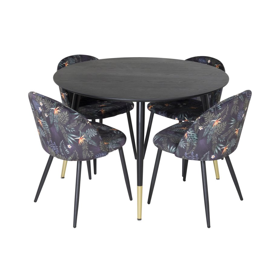 VENTURE DESIGN Dipp Esstisch-Set, mit 4 Stühlen – schwarzes Furnier/Messing/schwarzes Metall, mehrfarbiger Stoff/schwarzes Metall