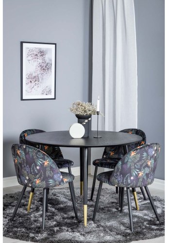 VENTURE DESIGN Dipp Esstisch-Set, mit 4 Stühlen – schwarzes Furnier/Messing/schwarzes Metall, mehrfarbiger Stoff/schwarzes Metall