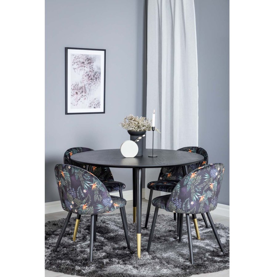VENTURE DESIGN Dipp Esstisch-Set, mit 4 Stühlen – schwarzes Furnier/Messing/schwarzes Metall, mehrfarbiger Stoff/schwarzes Metall