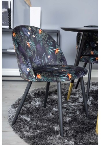 VENTURE DESIGN Dipp Esstisch-Set, mit 4 Stühlen – schwarzes Furnier/Messing/schwarzes Metall, mehrfarbiger Stoff/schwarzes Metall