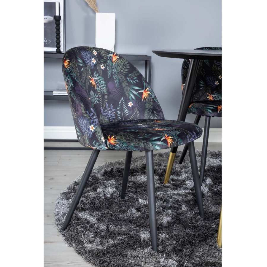 VENTURE DESIGN Dipp Esstisch-Set, mit 4 Stühlen – schwarzes Furnier/Messing/schwarzes Metall, mehrfarbiger Stoff/schwarzes Metall