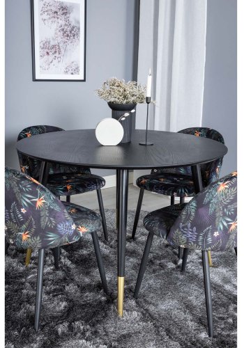 VENTURE DESIGN Dipp Esstisch-Set, mit 4 Stühlen – schwarzes Furnier/Messing/schwarzes Metall, mehrfarbiger Stoff/schwarzes Metall
