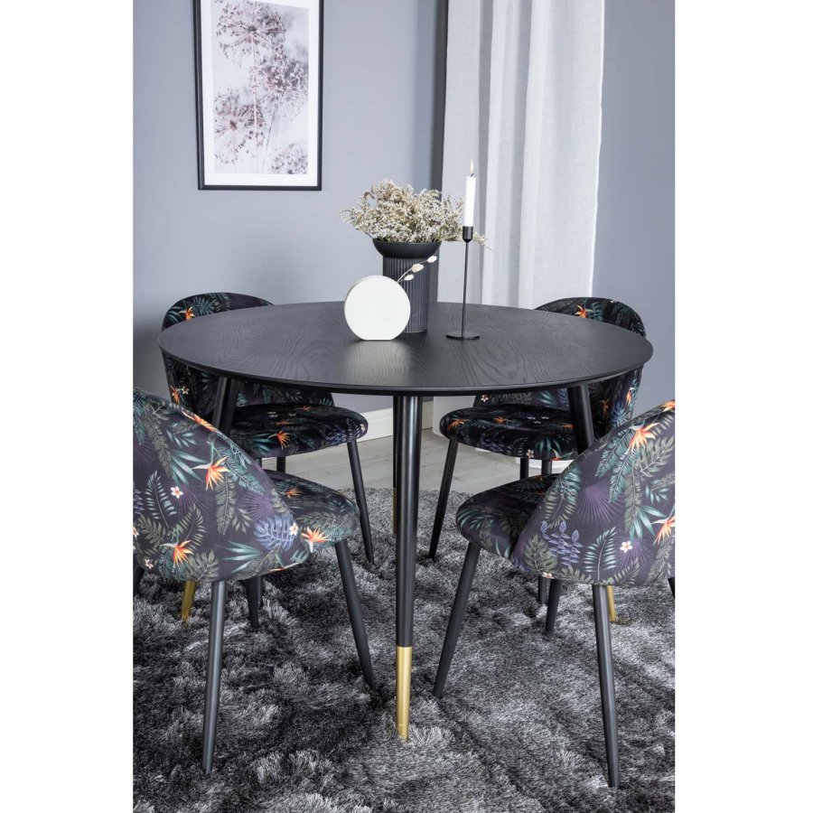 VENTURE DESIGN Dipp Esstisch-Set, mit 4 Stühlen – schwarzes Furnier/Messing/schwarzes Metall, mehrfarbiger Stoff/schwarzes Metall