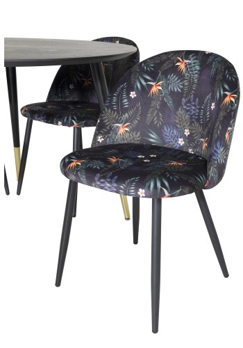 VENTURE DESIGN Dipp Esstisch-Set, mit 4 Stühlen – schwarzes Furnier/Messing/schwarzes Metall, mehrfarbiger Stoff/schwarzes Metall