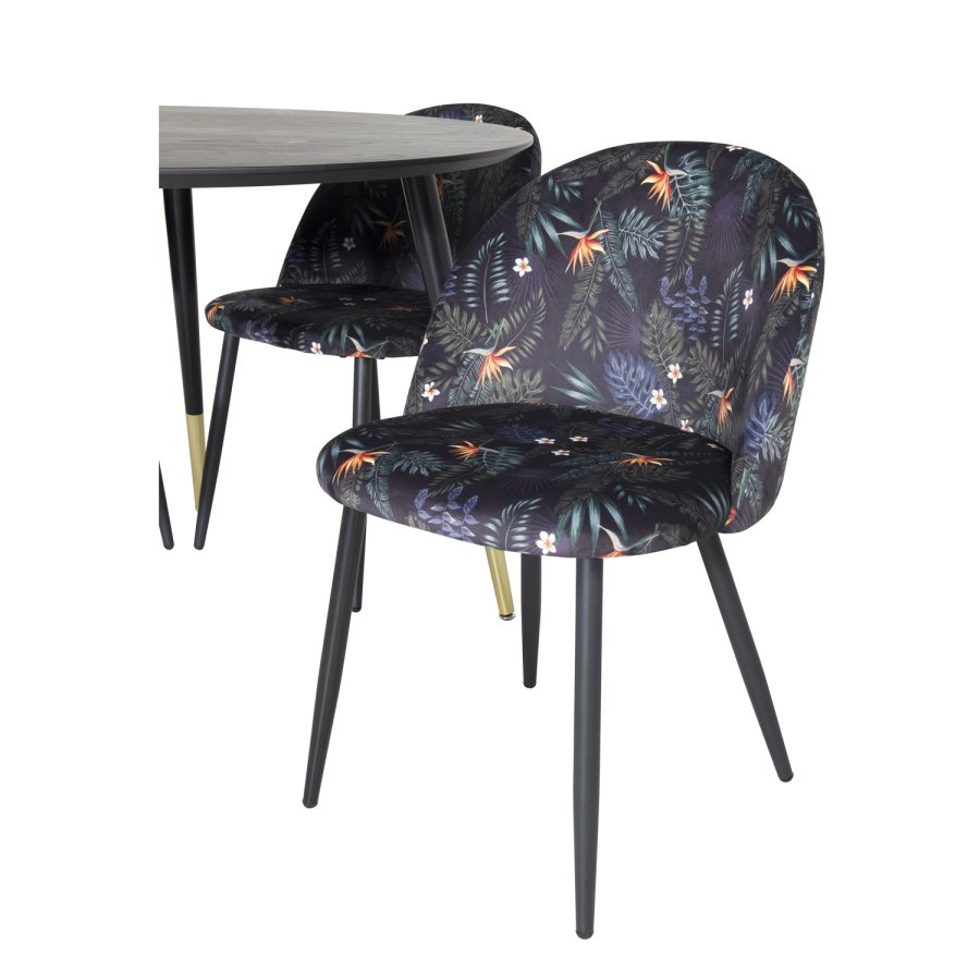 VENTURE DESIGN Dipp Esstisch-Set, mit 4 Stühlen – schwarzes Furnier/Messing/schwarzes Metall, mehrfarbiger Stoff/schwarzes Metall
