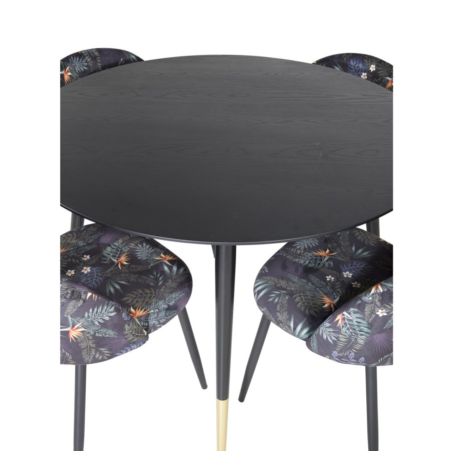 VENTURE DESIGN Dipp Esstisch-Set, mit 4 Stühlen – schwarzes Furnier/Messing/schwarzes Metall, mehrfarbiger Stoff/schwarzes Metall