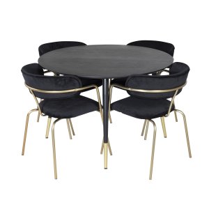 VENTURE DESIGN Dipp Matbordsset, med 4 Stolar - Svart Fanér / Mässing Svart Metall, Svart Tyg