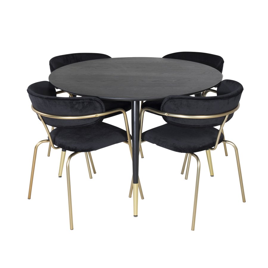 VENTURE DESIGN Dipp spisebordsett, m. 4 stoler - sort finer/messing sort metall/svart flyel