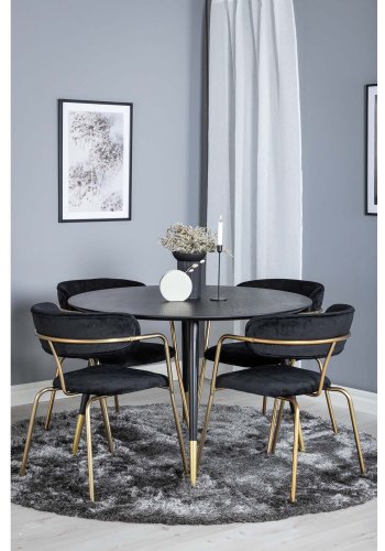 VENTURE DESIGN Dipp spisebordsett, m. 4 stoler - sort finer/messing sort metall/svart flyel