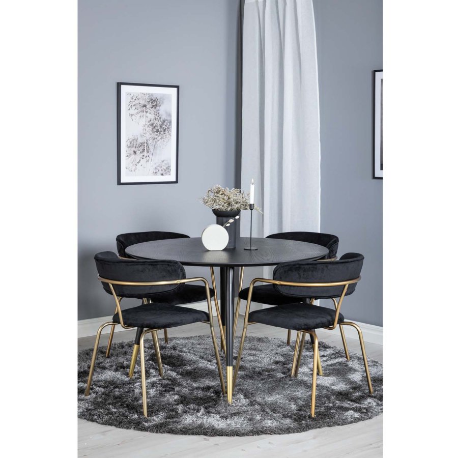 VENTURE DESIGN Dipp spisebordsett, m. 4 stoler - sort finer/messing sort metall/svart flyel
