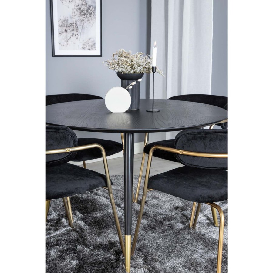 VENTURE DESIGN Dipp spisebordsett, m. 4 stoler - sort finer/messing sort metall/svart flyel