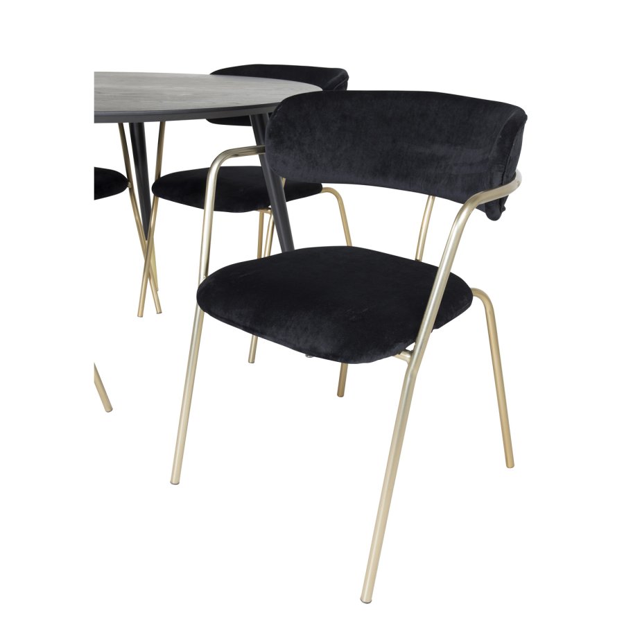 VENTURE DESIGN Dipp spisebordsett, m. 4 stoler - sort finer/messing sort metall/svart flyel