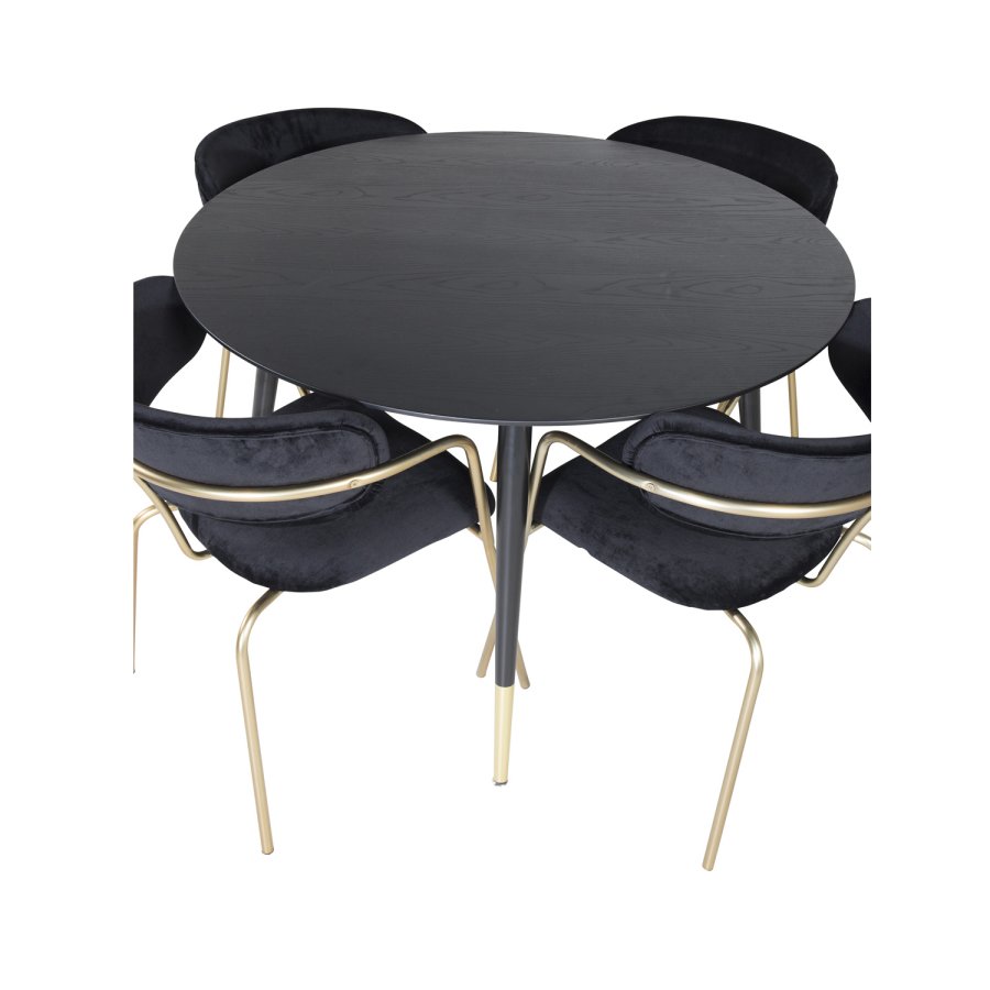 VENTURE DESIGN Dipp spisebordsett, m. 4 stoler - sort finer/messing sort metall/svart flyel