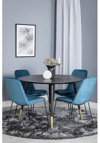 VENTURE DESIGN Dipp Esstisch-Set, mit 4 Stühlen – schwarzes Furnier/Messing, schwarzes Metall, blauer Samt/schwarzes Metall