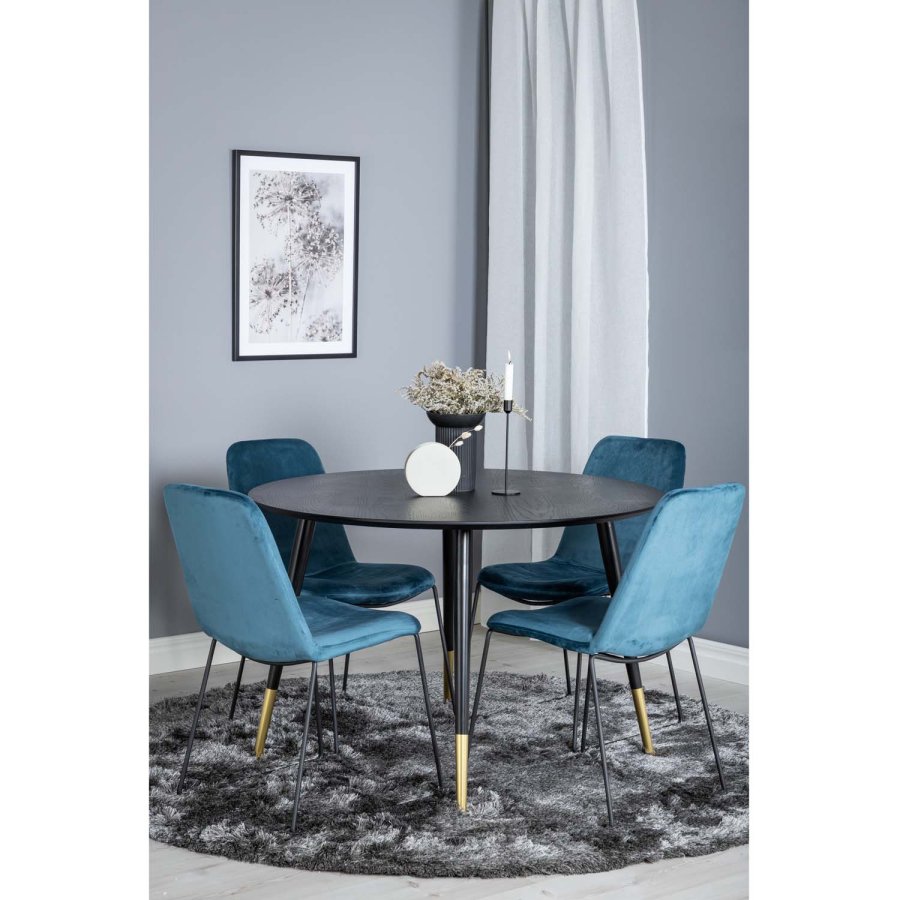 VENTURE DESIGN Dipp Esstisch-Set, mit 4 Stühlen – schwarzes Furnier/Messing, schwarzes Metall, blauer Samt/schwarzes Metall