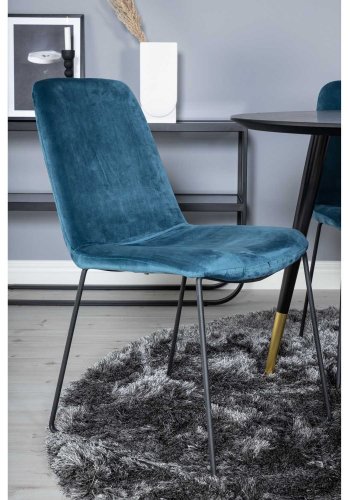 VENTURE DESIGN Dipp Esstisch-Set, mit 4 Stühlen – schwarzes Furnier/Messing, schwarzes Metall, blauer Samt/schwarzes Metall