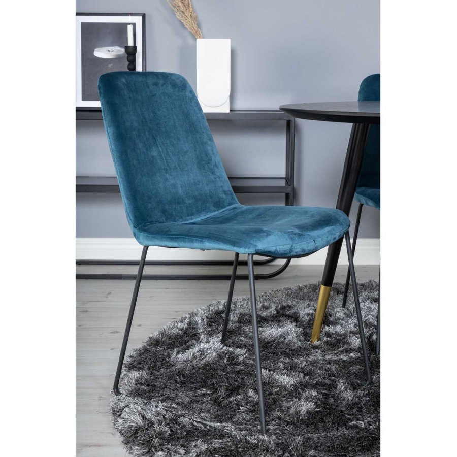VENTURE DESIGN Dipp Esstisch-Set, mit 4 Stühlen – schwarzes Furnier/Messing, schwarzes Metall, blauer Samt/schwarzes Metall