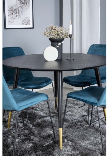 VENTURE DESIGN Dipp Esstisch-Set, mit 4 Stühlen – schwarzes Furnier/Messing, schwarzes Metall, blauer Samt/schwarzes Metall