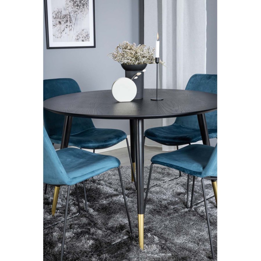 VENTURE DESIGN Dipp Esstisch-Set, mit 4 Stühlen – schwarzes Furnier/Messing, schwarzes Metall, blauer Samt/schwarzes Metall