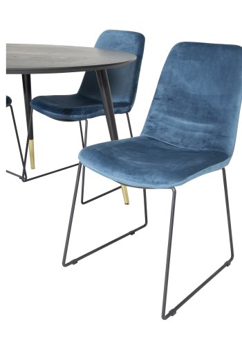 VENTURE DESIGN Dipp Esstisch-Set, mit 4 Stühlen – schwarzes Furnier/Messing, schwarzes Metall, blauer Samt/schwarzes Metall