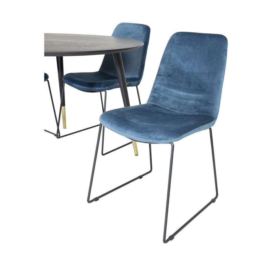 VENTURE DESIGN Dipp Esstisch-Set, mit 4 Stühlen – schwarzes Furnier/Messing, schwarzes Metall, blauer Samt/schwarzes Metall