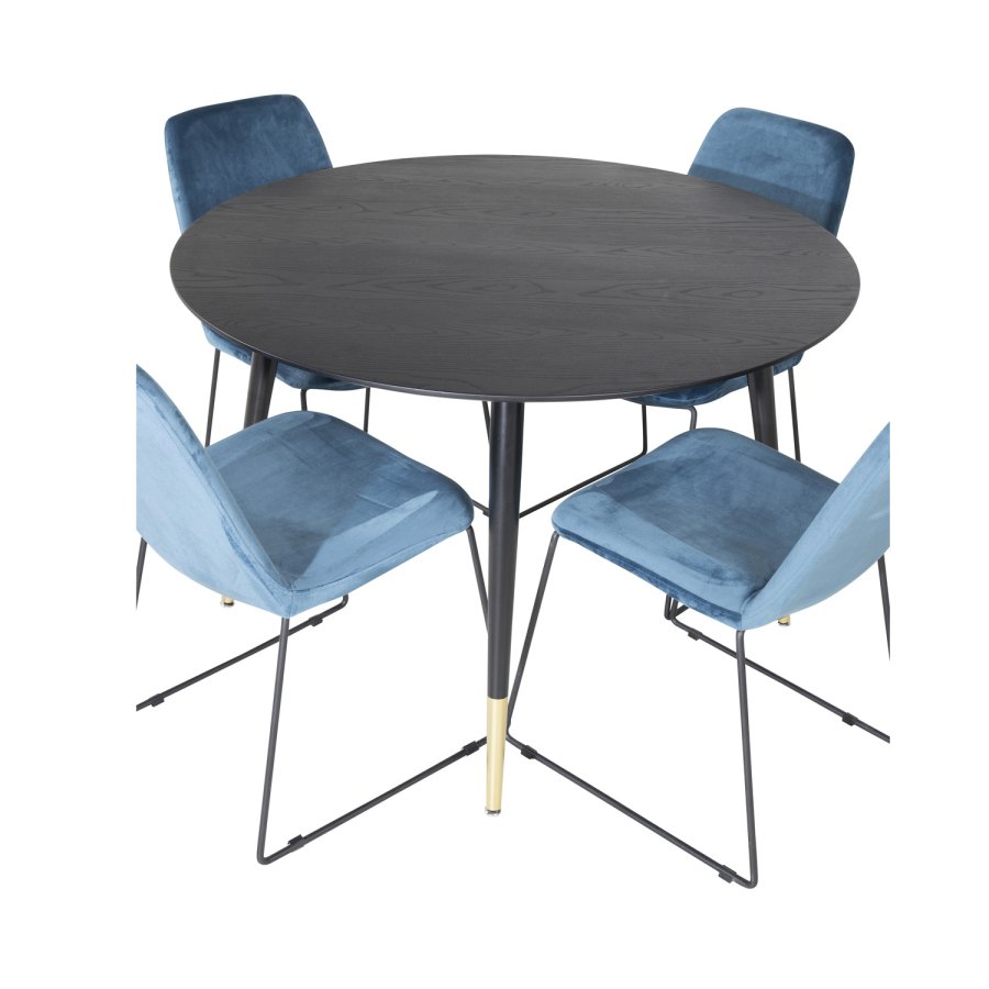 VENTURE DESIGN Dipp Esstisch-Set, mit 4 Stühlen – schwarzes Furnier/Messing, schwarzes Metall, blauer Samt/schwarzes Metall