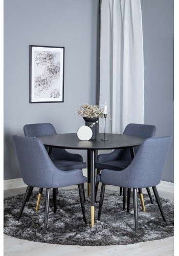 VENTURE DESIGN Dipp Esstisch-Set, mit 4 Stühlen – schwarzes Furnier/Messing, schwarzes Metall, blauer Stoff/schwarzes Metall