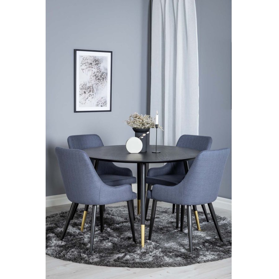 VENTURE DESIGN Dipp Esstisch-Set, mit 4 Stühlen – schwarzes Furnier/Messing, schwarzes Metall, blauer Stoff/schwarzes Metall