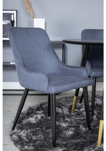 VENTURE DESIGN Dipp Esstisch-Set, mit 4 Stühlen – schwarzes Furnier/Messing, schwarzes Metall, blauer Stoff/schwarzes Metall