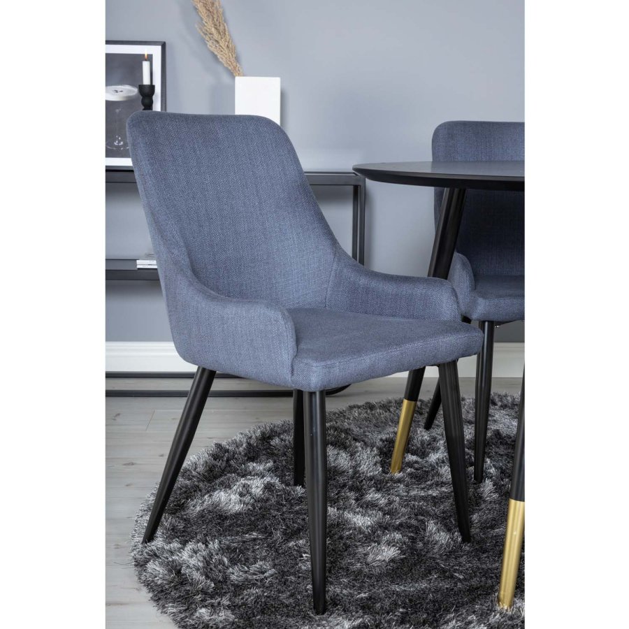 VENTURE DESIGN Dipp Esstisch-Set, mit 4 Stühlen – schwarzes Furnier/Messing, schwarzes Metall, blauer Stoff/schwarzes Metall