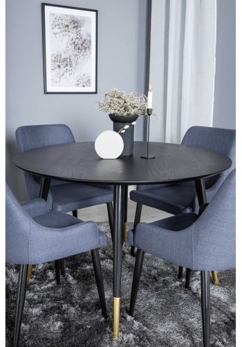 VENTURE DESIGN Dipp Esstisch-Set, mit 4 Stühlen – schwarzes Furnier/Messing, schwarzes Metall, blauer Stoff/schwarzes Metall