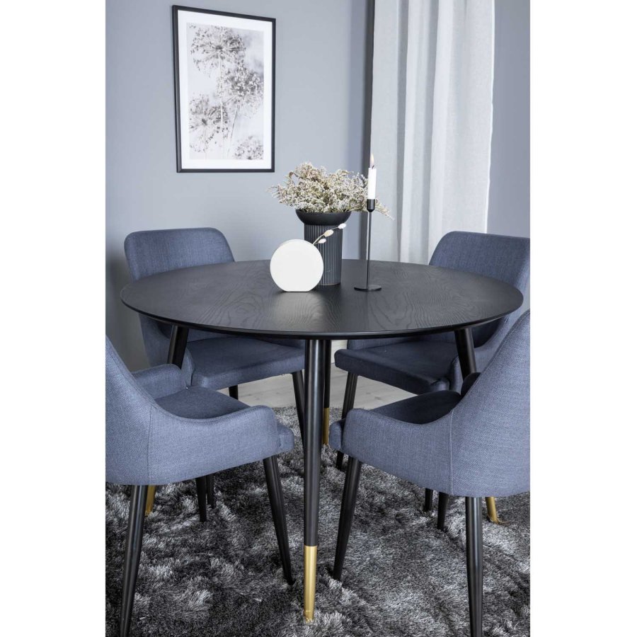 VENTURE DESIGN Dipp Esstisch-Set, mit 4 Stühlen – schwarzes Furnier/Messing, schwarzes Metall, blauer Stoff/schwarzes Metall