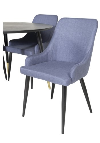 VENTURE DESIGN Dipp Esstisch-Set, mit 4 Stühlen – schwarzes Furnier/Messing, schwarzes Metall, blauer Stoff/schwarzes Metall