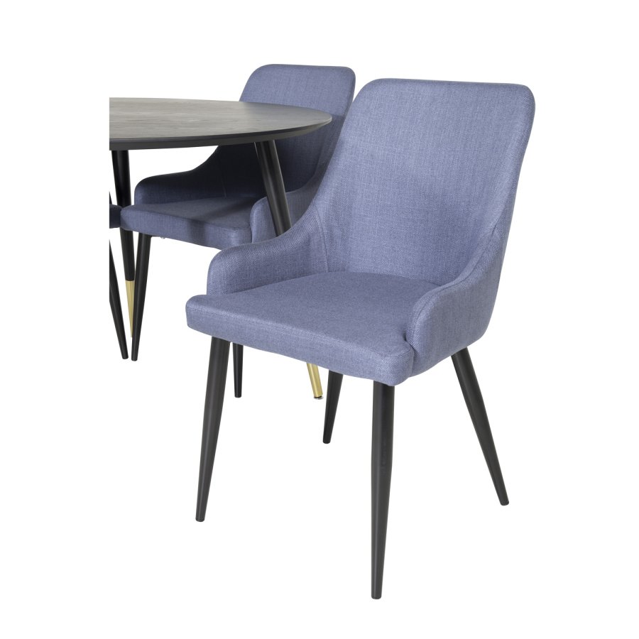 VENTURE DESIGN Dipp Esstisch-Set, mit 4 Stühlen – schwarzes Furnier/Messing, schwarzes Metall, blauer Stoff/schwarzes Metall