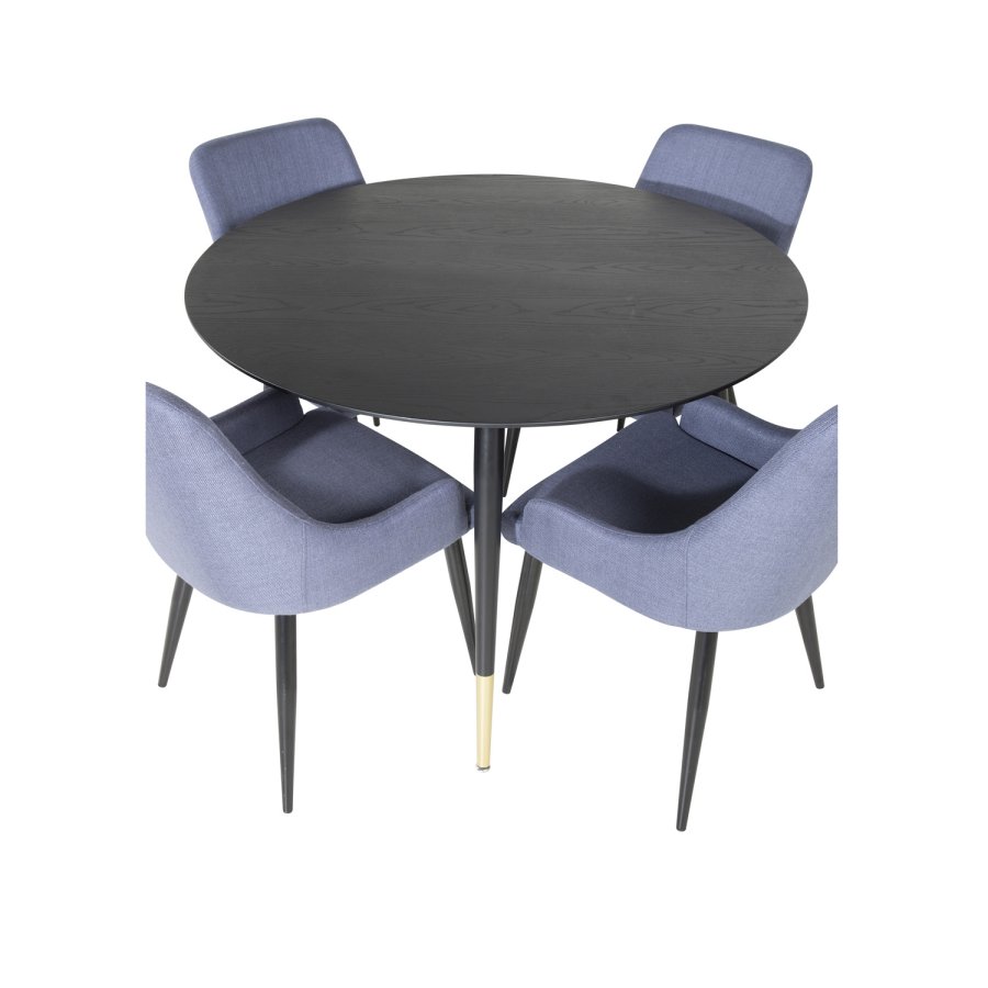 VENTURE DESIGN Dipp Esstisch-Set, mit 4 Stühlen – schwarzes Furnier/Messing, schwarzes Metall, blauer Stoff/schwarzes Metall