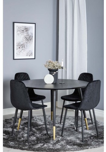 VENTURE DESIGN Dipp Esstisch-Set, mit 4 Stühlen – schwarzes Furnier/Messing, schwarzes Metall, schwarzer Samt/schwarzes Metall