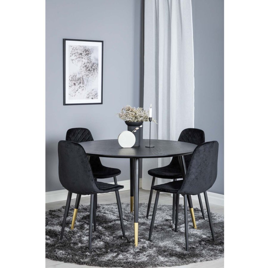 VENTURE DESIGN Dipp Esstisch-Set, mit 4 Stühlen – schwarzes Furnier/Messing, schwarzes Metall, schwarzer Samt/schwarzes Metall